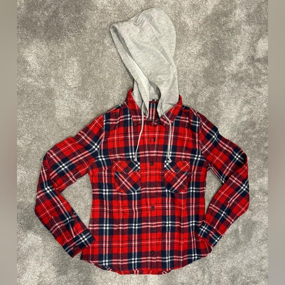 Love Tree Happens Red Plaid Hooded Button Down Shirt Jacket Size Large - Picture 2 of 7